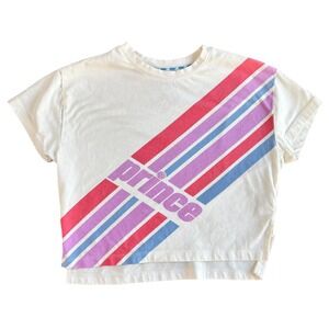 Prince Pickleball Women XS White Cropped Graphic TShirt Retro Striped Sporty Tee